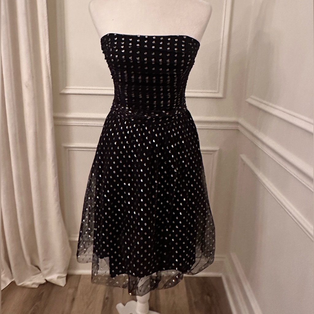 Shoshanna Black Tulle With Silver Polka Dots Strapless Dress